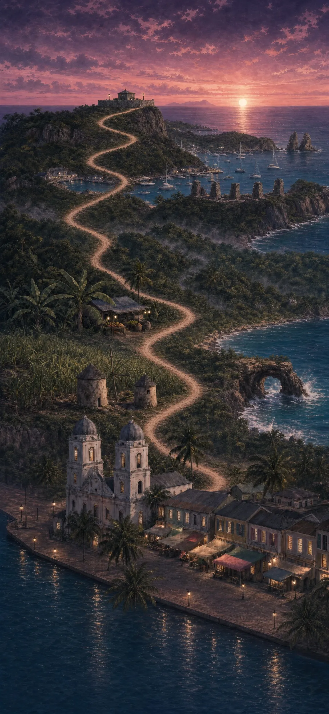 The Antigua scene: a trail from a harbour town and its cathedral, past windmills and cane fields, to a fort on the headland at sunset.