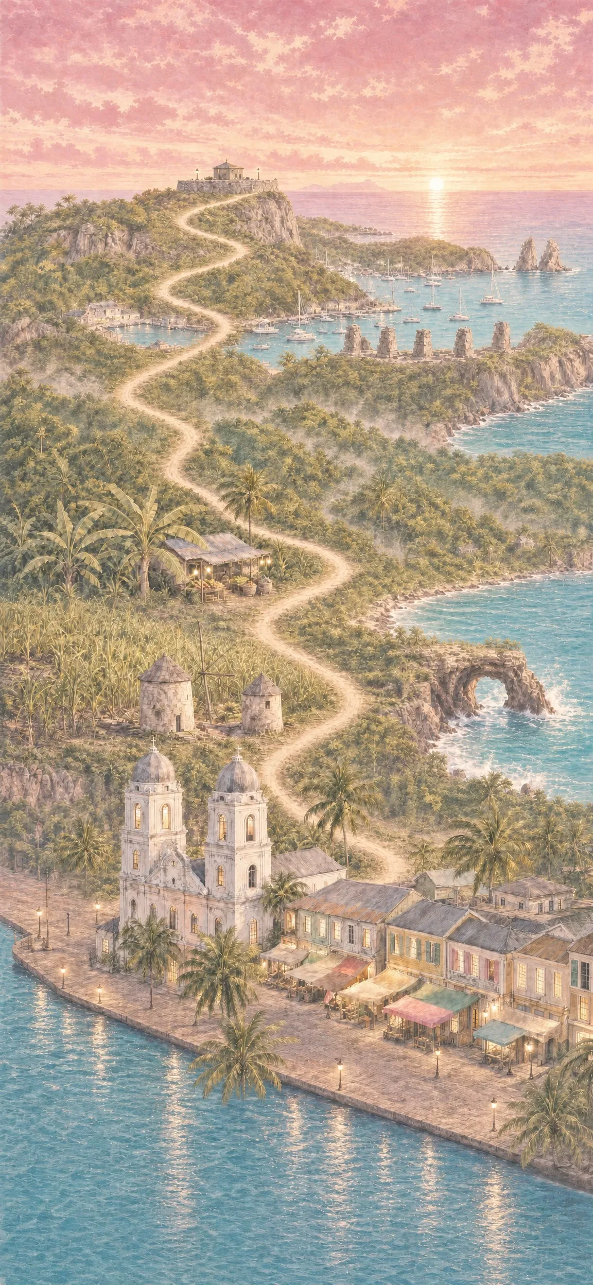 The Antigua scene: a trail from a harbour town and its cathedral, past windmills and cane fields, to a fort on the headland at sunset.