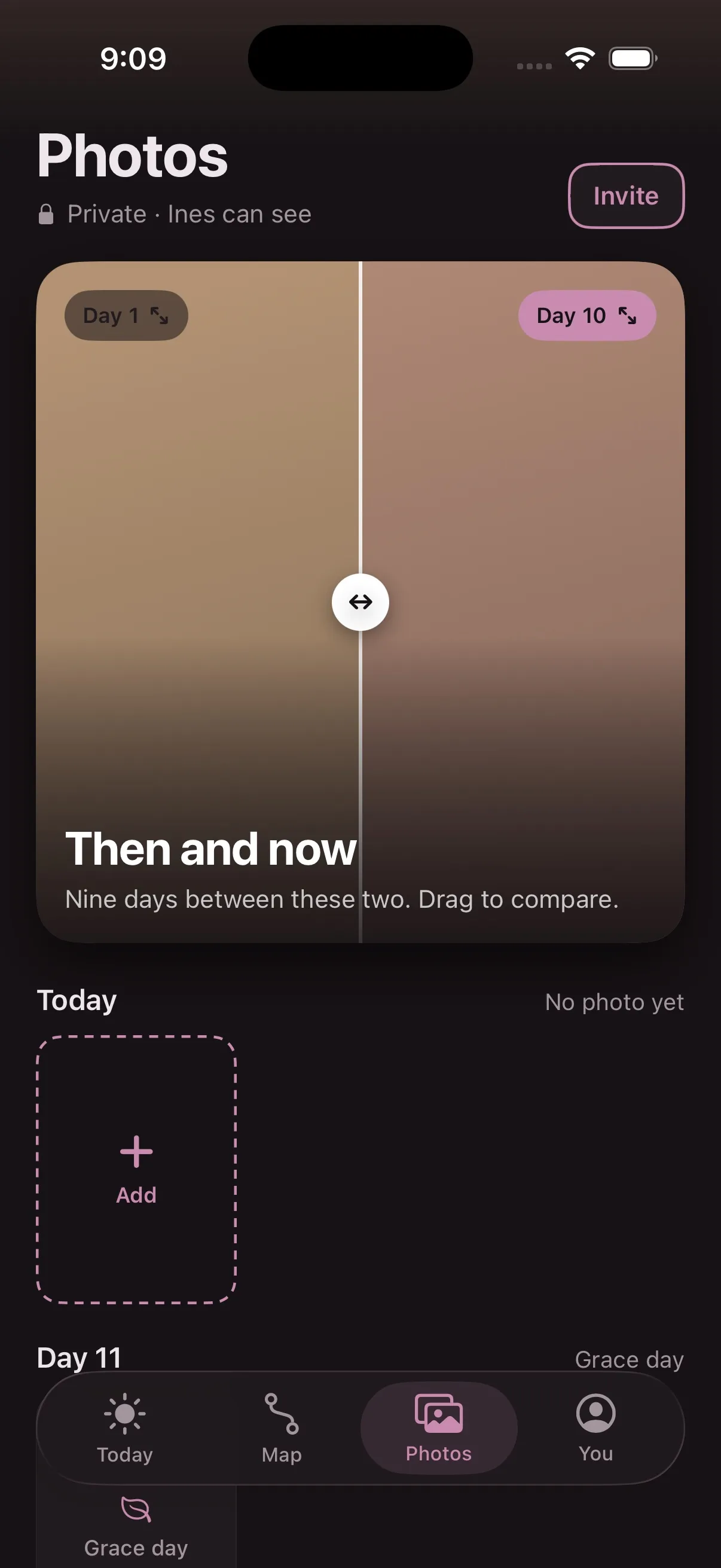 The Journey: a grid of days, each with its photo.